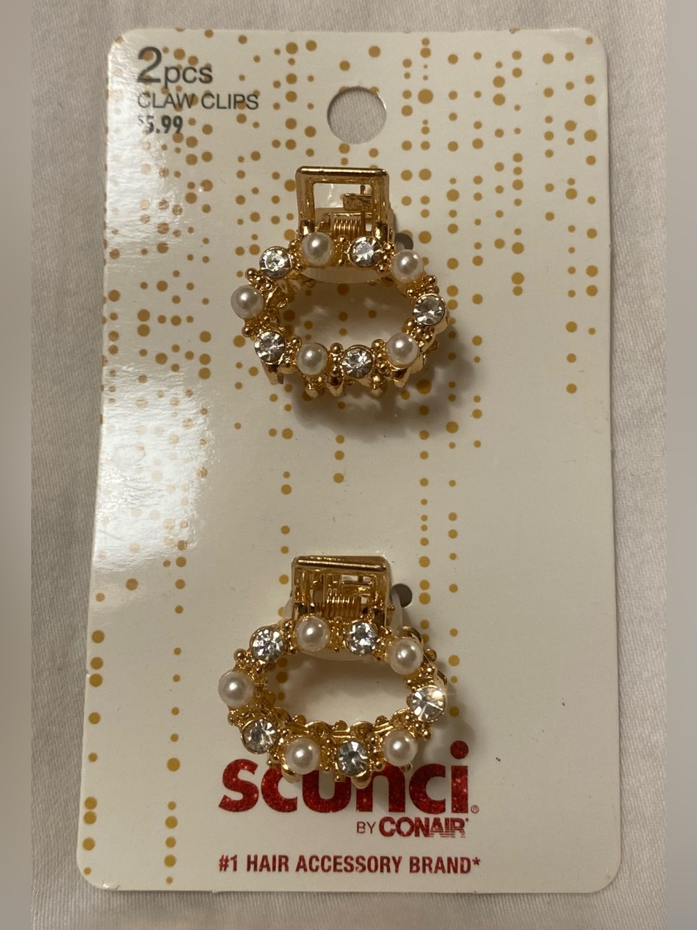 Scunci Pearl & Rhinestone Mini Claw Clips Set of 2 Gold Tone New